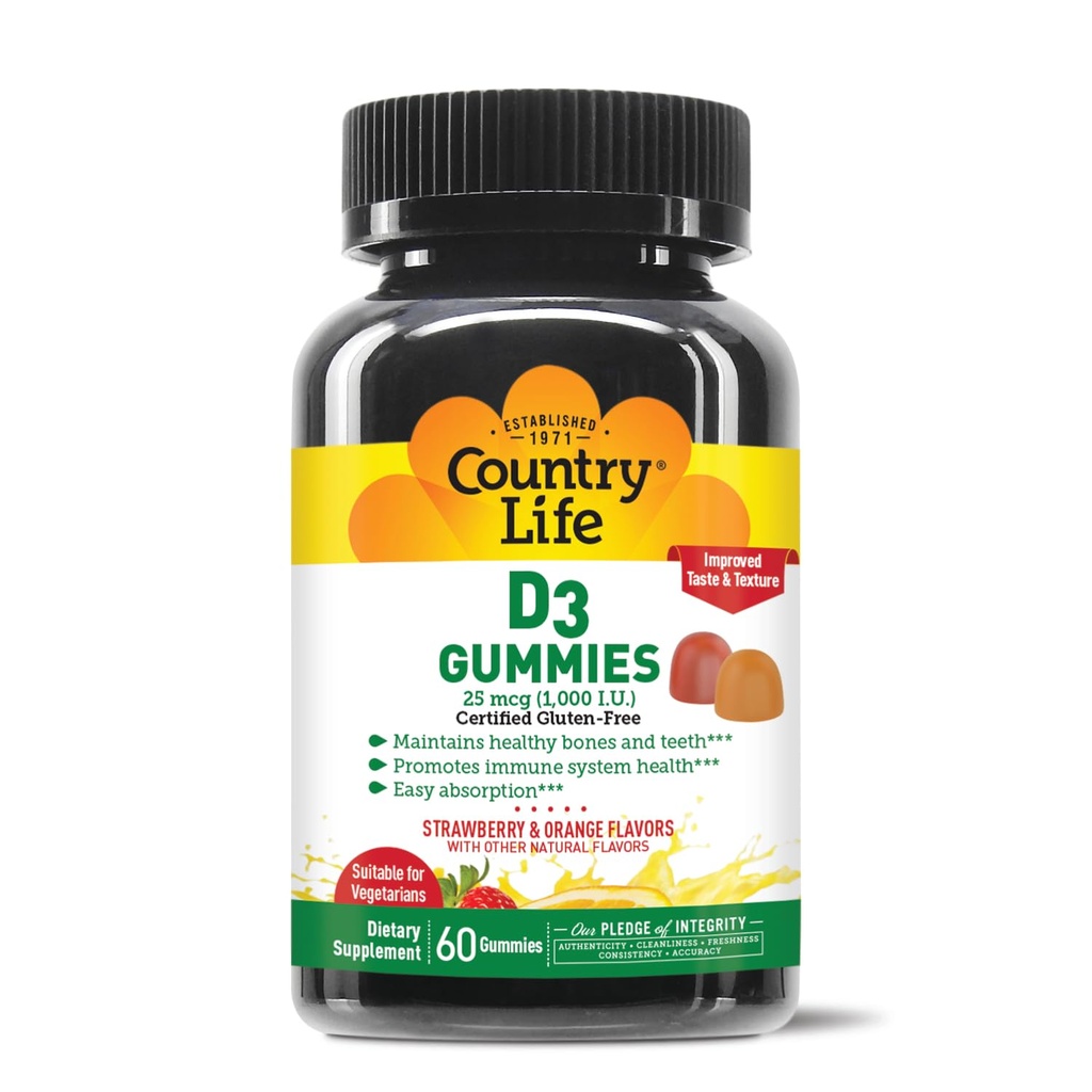 Country Life Vitamin D3 Gummies – 1.000 IU Cholecalciferol, 60 Count – unterstützt Knochen & Immungesundheit – Vegetarisch, Glutenfrei, Erdbeere & Orange Flavors – Pectin-basiert, keine künstlichen Süßungsmittel