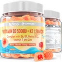 Vitamin D3 5000IU + K2 (MK-7) 120mcg, Sugar-Free Vitamin D3 K2 Gefüllte Gummier mit Vitamin B Complex - Methyl B12, B9, B6 | Vitamin E & Zink, MCT-Öl - Unterstützt Knochen & Zähne Stärke, Immune, 2PACK
