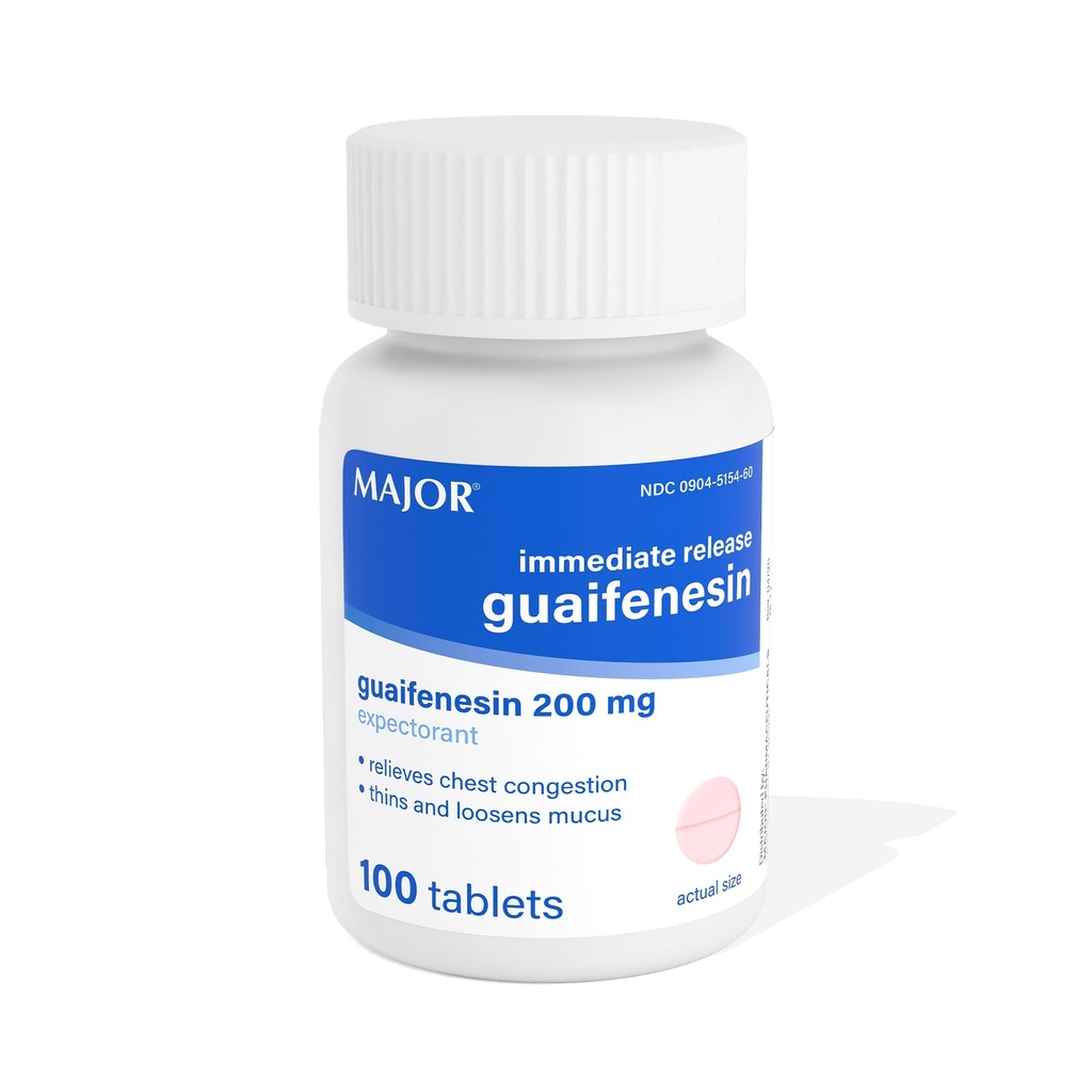 MAJOR Immediate Release Guaifenesin - Relieves Chest Congestion, Thins and Loosens Mucus - 200 mg - 100 Tablets (1 Pack)