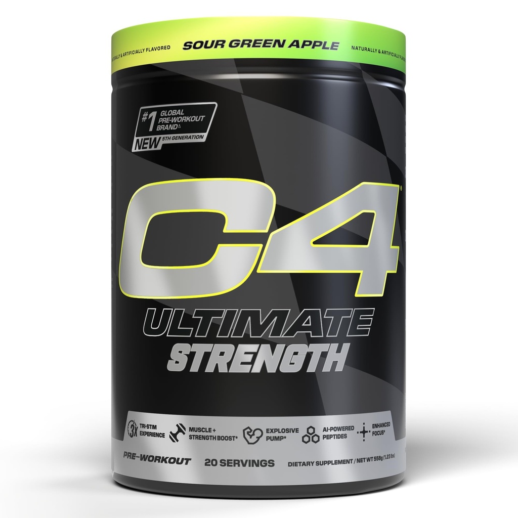 Cellucor C4 Ultimate Strength Pre Workout Powder - Tri-Stim Experience 300mg Caffeine+TeaCrine+Dynamine - Creatina & Beta-Alanina - Integratore energetico per gli uomini e le donne - Sour Green Apple, 20 Servings