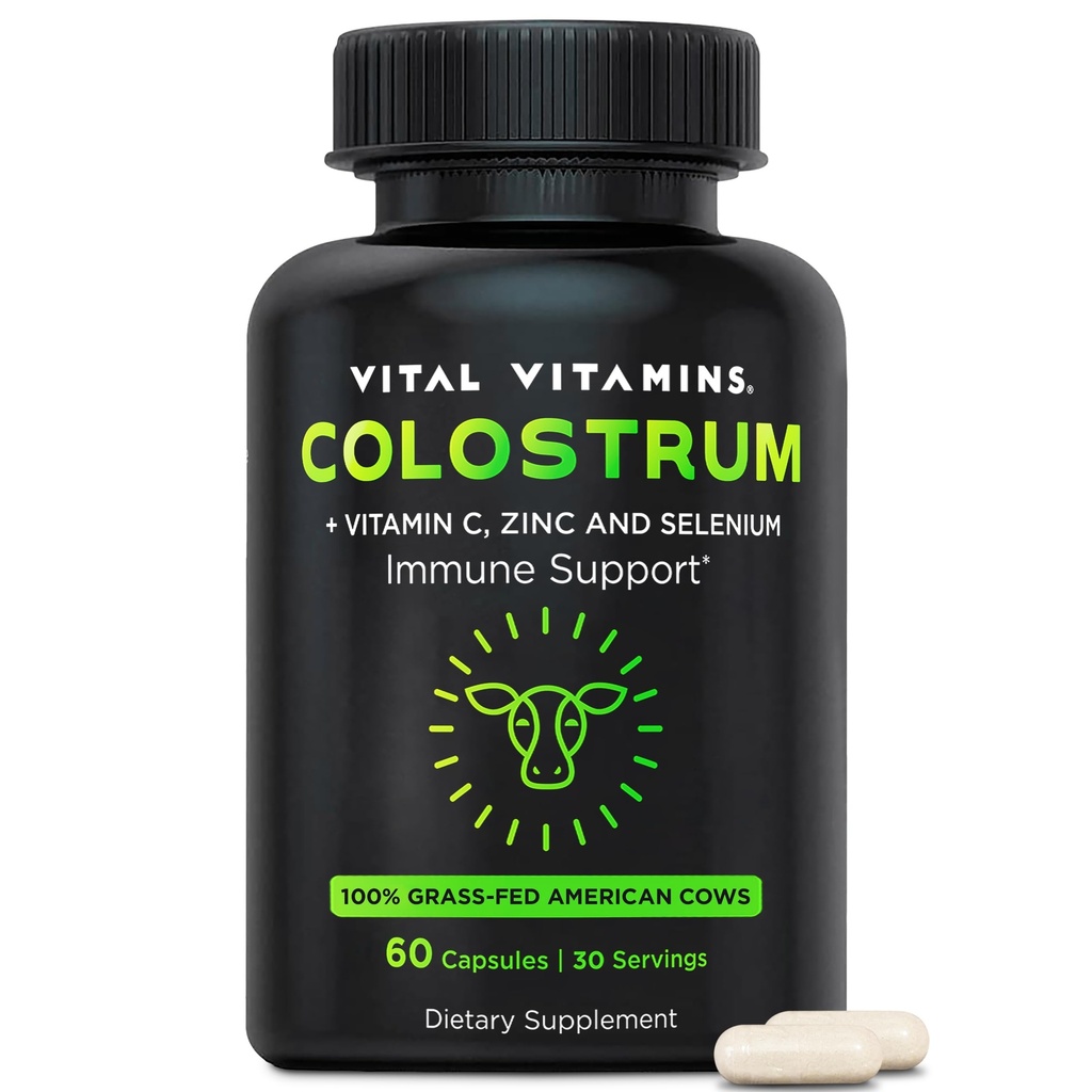 Vital Vitamins Colostrum Supplement - Vitamina C, Zinco, & Selenio - da Prima Latteatura - Standardizzato per Contiene 10% IgG Immunoglobuline - Grass-Fed American Cows - 60 Capsule