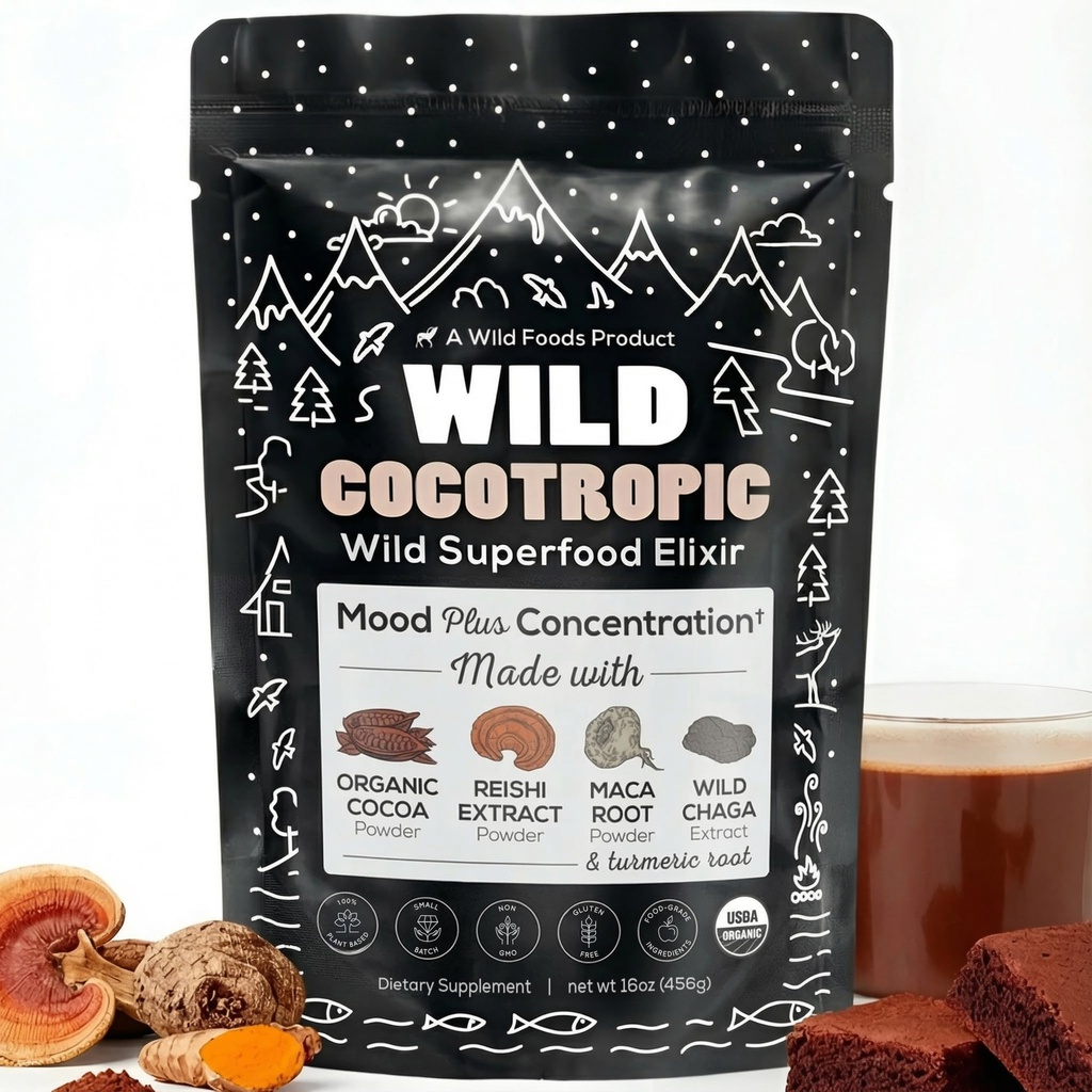 Chocolat chaud sans sucre, Poudre de cacao biologique, Champignons Reishi, Chaga, Racine de maca, Turmeric.