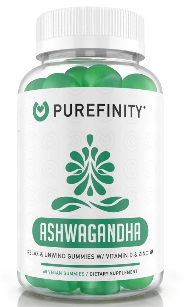 PUREFINITY Ashwagandha Gummies mit Vitamin D & Zink – Ergänzung für Entspannung, Beruhigung und Stimmungsunterstützung – Glutenfrei, Non-GMO, Vegan, 60 Count