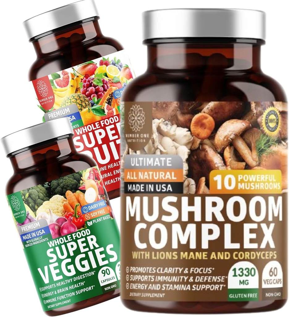 Number One Nutrition N1N Premium Pilz Complex [10 Leistungsfähige Pilze] und Super Fruits & Veggies [40 ganze Früchte & Gemüse], 2 Pack Bundle