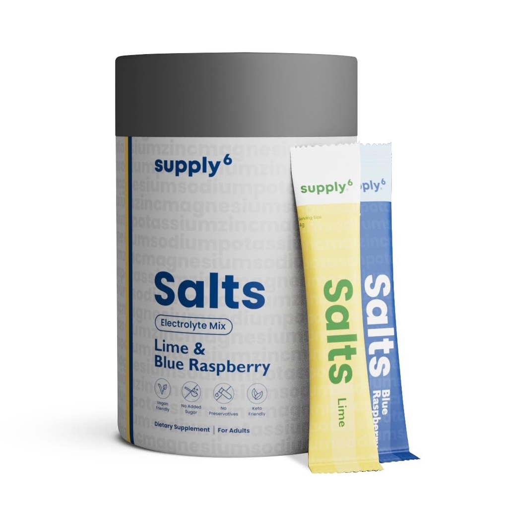 SUPPLY6 Salts - 1070mg Electrolytes with Magnesium | 3X Hydration, Zero Sugar | Superior Absorption with Added Fiber & Zinc for Gut Health | Vegan, Keto-Friendly | 18 Servings, Lime and Blue Raspberry