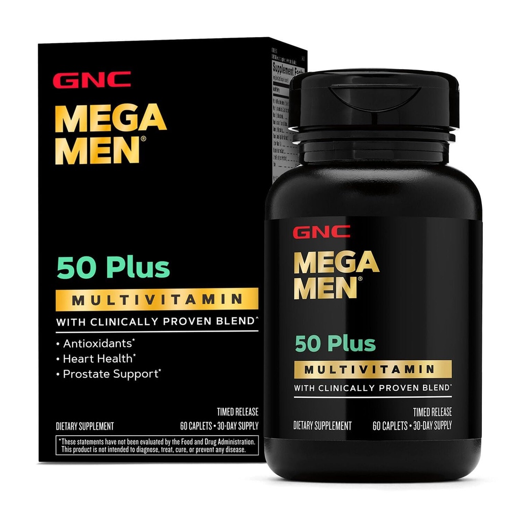 GNC Mega Men 50 Plus Multivitamin Caplets, Klinisch bewährt, Herz- und Prostata-Gesundheit, B Vitamine, Sägepalme, Gedächtnis, Vitamin D-3, 60 Zähler