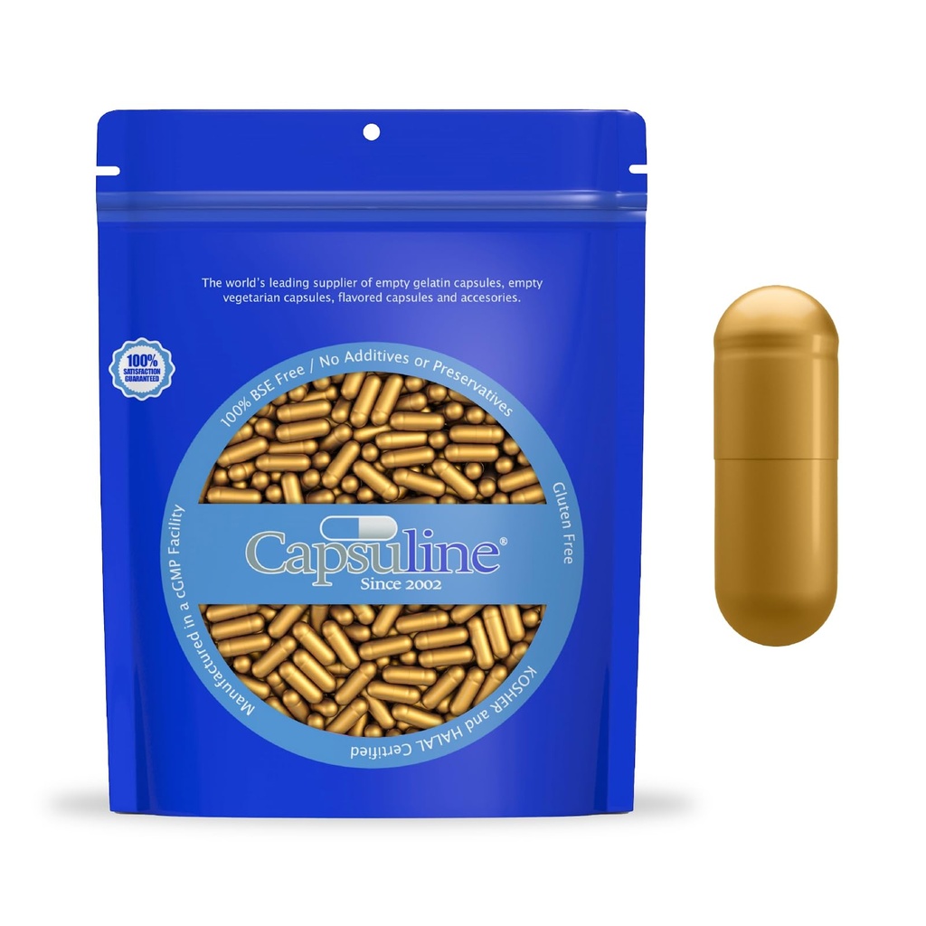 Capsuline Größe 0 - Farbige Gold Leere Gelatine Kapseln - 1000 Graf - Leere Gel Pillen Kapseln - DIY reine Bovine Pille Füllung - Leere Kapseln - Kosher und Halal zertifiziert