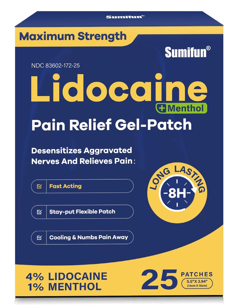 Sumifun Lidocaine Pain Relief Patches - Fast, Targeted Therapy Simple Backache, Soreness, Sprain, Joint Pain with Maximum Strength 4% Lidocaine and 1% Menthol (Large, Count, 25)