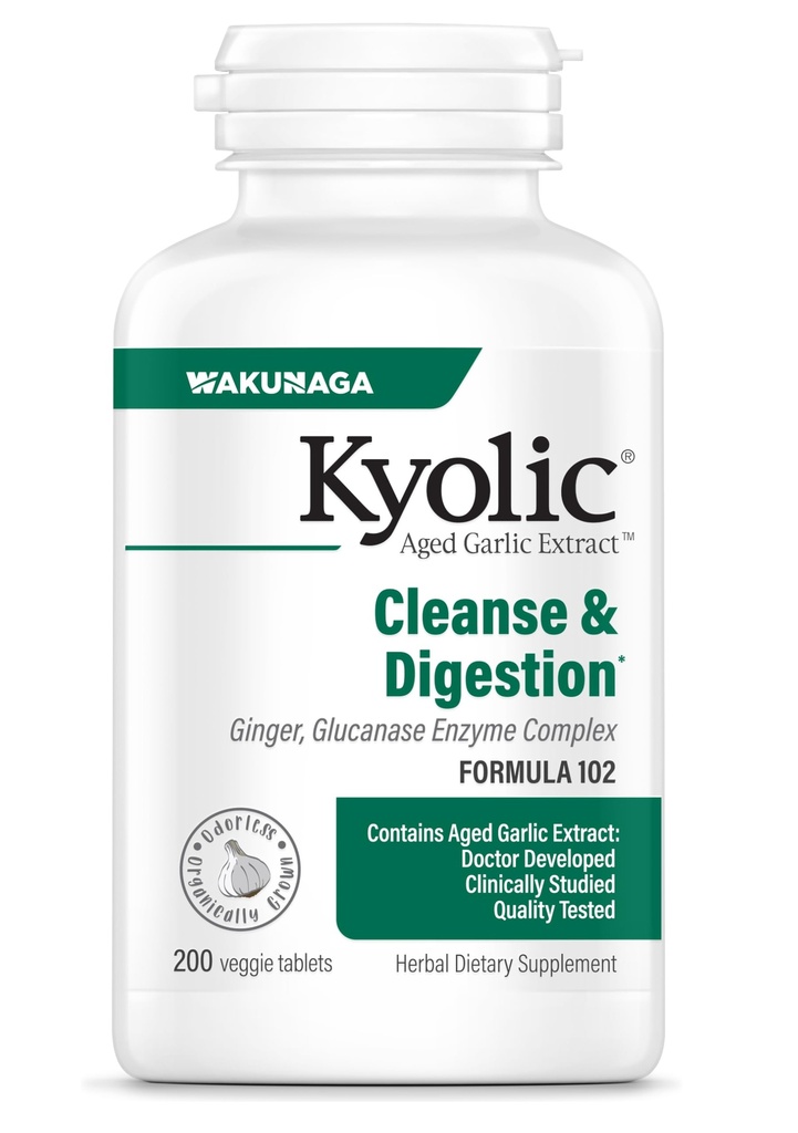 Kyolic Aged Garlic Extract Formula 102, Cleanse & Digestion*, Ginger and Enzyme Complex, 200 Vegetarian Tablets