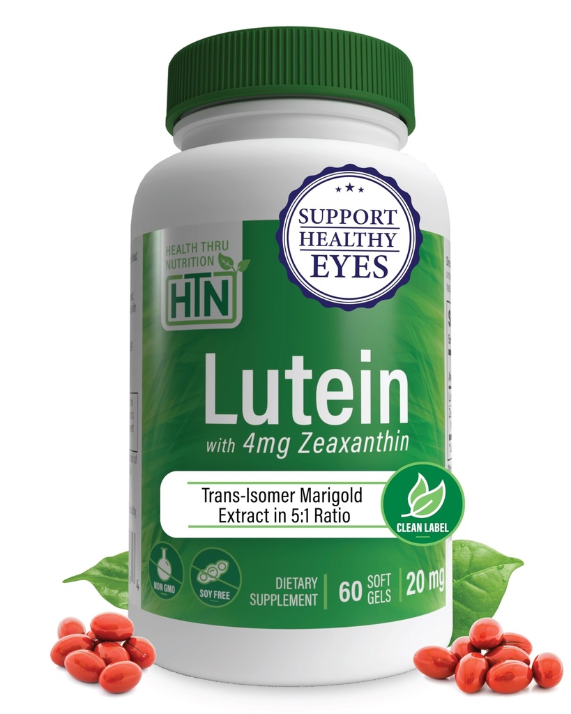 Lutein 20mg mit Zeaxanthin 4mg 60 Softgels | All-Trans Marigold Extrakt in der Natur Identical 5:1 Ratio | Unterstützt gesundes Auge, Haut und Gehirn | Non-GMO Soy & Gluten Free | von Health Thru Nutrition