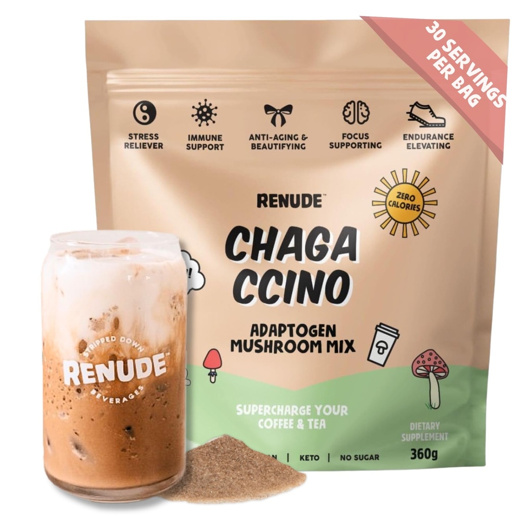 Renude Chagaccino - Chaga Poudre de champignons, Mélange de café de champignons avec adaptogènes, énergie naturelle et soutien immunitaire, Vegan, Keto, Zero Calorie Mélange de champignons en poudre - 30 portions