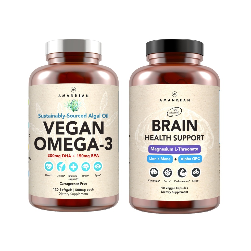 AMANDEAN Brain & Vegan Omega-3 Bundle: Magnesium Threonate, USA-Grown Lion’s Mane 6:1, Alpha-GPC & Algae DHA/EPA. Pflanzenbasierte essentielle Fette für Gehirn, Auge, Herz & Haut Gesundheit. Fischöl Alternative.