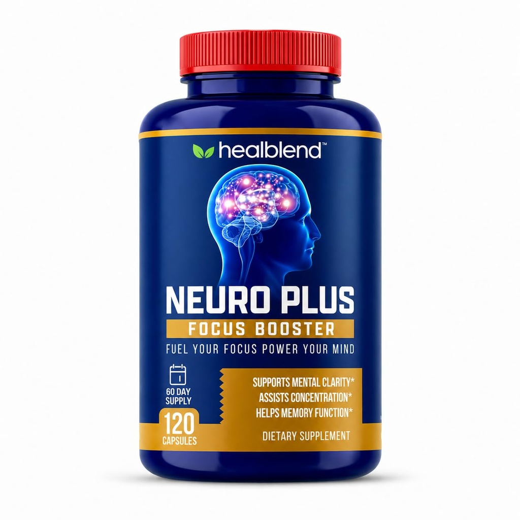 healblend Neuro Plus Focus Booster - Advanced Brain Support Supplement mit Vitamin B6, B12, Folate - Verbessert Gedächtnis, Konzentration, Mental Clarity & Cognitive Funktion – 120 Kapseln