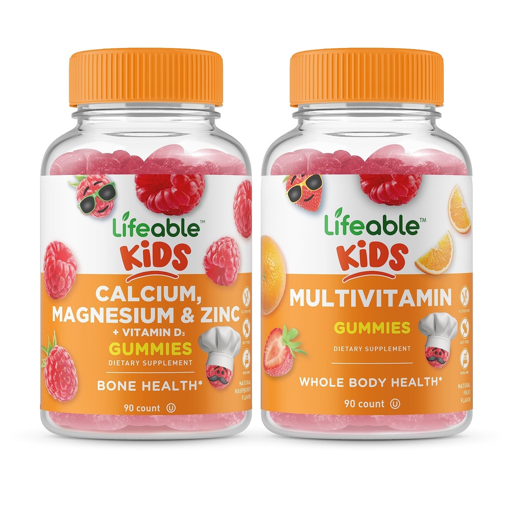 Magnesio di calcio e zinco per bambini + bambini multivitaminici, Bundle di Gummies - Grande degustazione, Supplemento di vitamina, Senza glutine, OGM libero, pancia masticabile