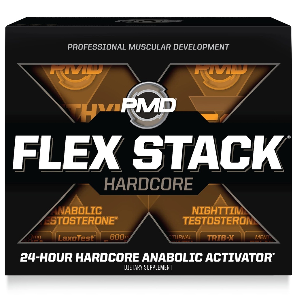 PMD Sports Flex Stack Hardcore 24-Hour Healthy Stack per aumentare la massa muscolare, resistenza, ridurre la durezza, Libido e sonno riposante - Methyl Andro Hardcore 90 capsule, Z-Test 90 capsule