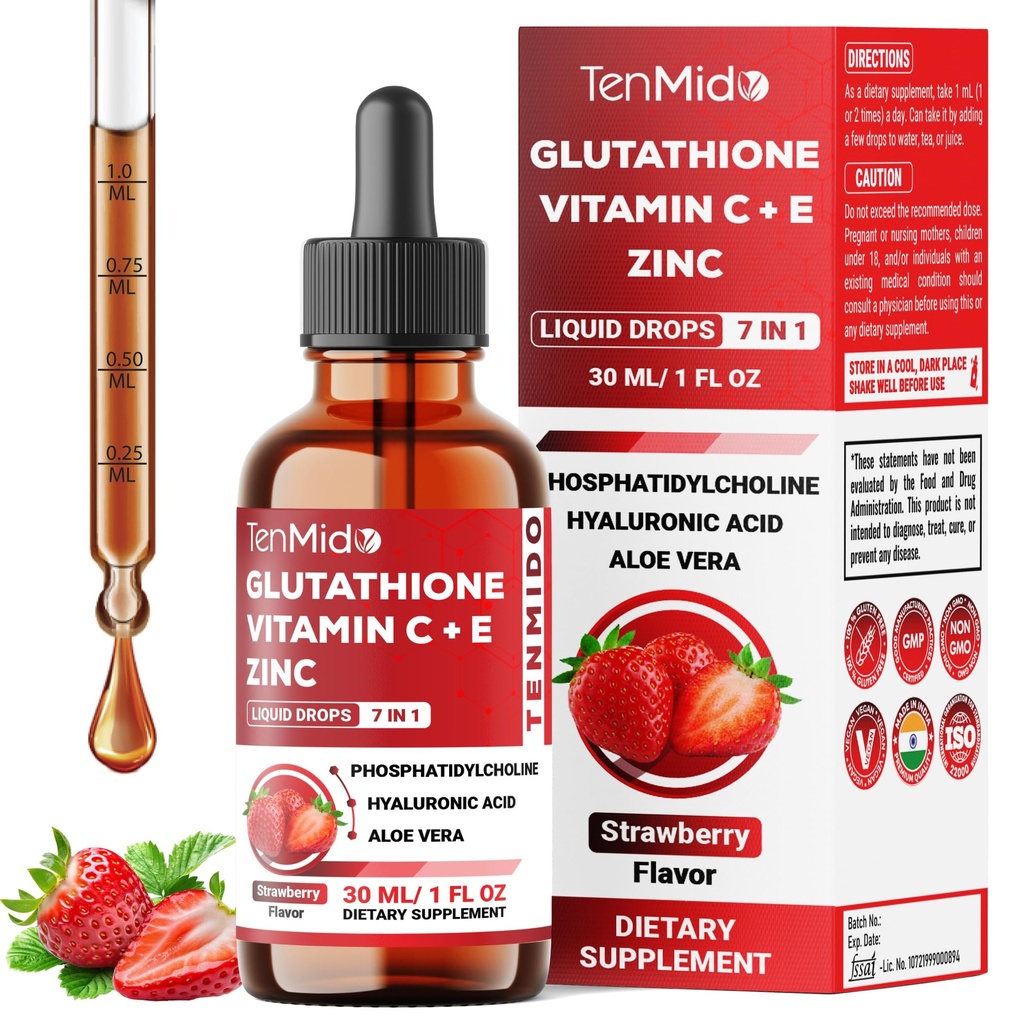 Liposomal Glutathione Supplement - 7in1 Liquid Drops with Zinc, Vitamin C, Vitamin E, Phosphatidylcholine, Hyaluronic Acid, and Aloe Vera - Vegan, Non-GMO - 30ml 1 Fl Oz