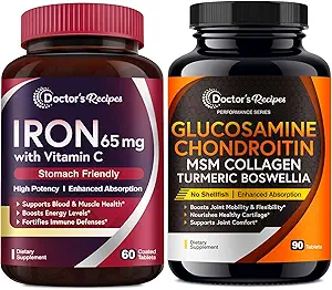 Ricette del medico Ferro 65 mg & Glucosamina Condroitin MSM Bundle, Livelli di ferro sano & Giunti confortevoli, Tavole di ferro 60 ct & Supporto comune Tablets 90 ct