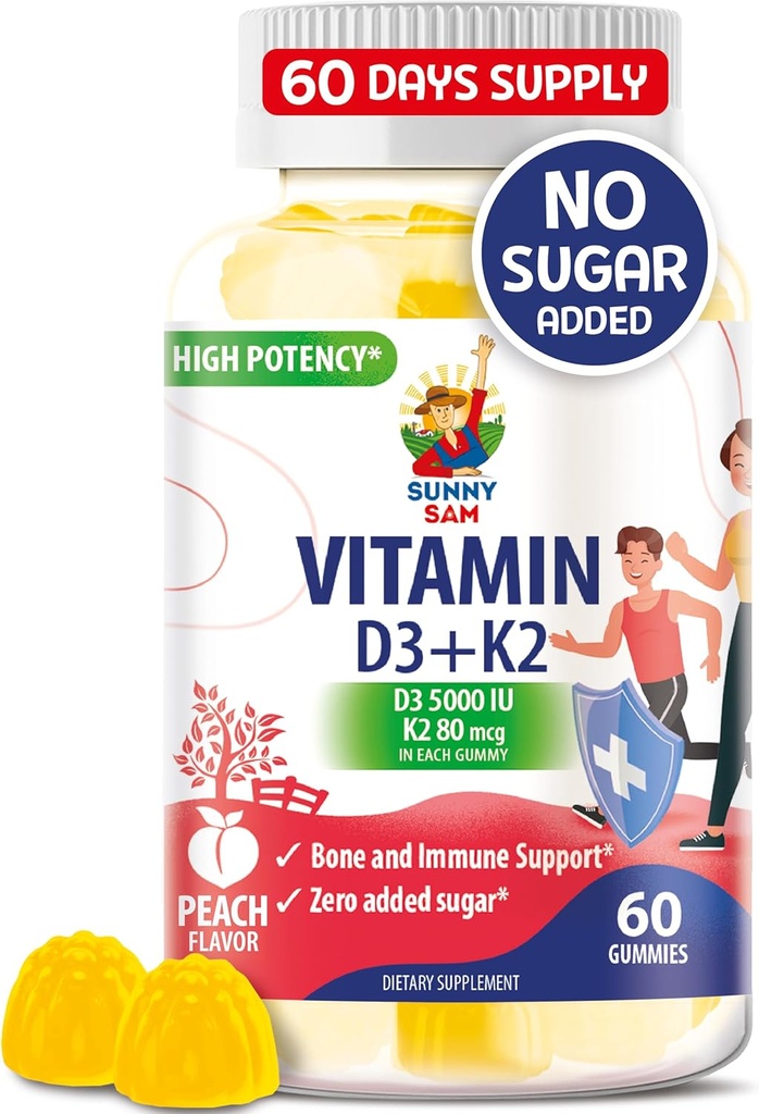 Sugar-Free Vitamin D3 K2 Gummie 5000 IU - Immun- & Knochen-Unterstützungsgummis - Vitamin D-Gummi-Ergänzung für Erwachsene - High-Absorption, Vegan, Halal, Gluten-Free Kaubare Vitamine