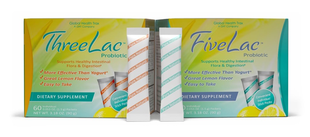 Global Health Trax GHT - FiveLac + Threelac Lemon Probiotic Powder Drink Mix, Probiotics for Women, Men, Kids, Smooth Digestive Support & Elimination, Relieves Constipation & Gas - 60 Packets, Non-GMO