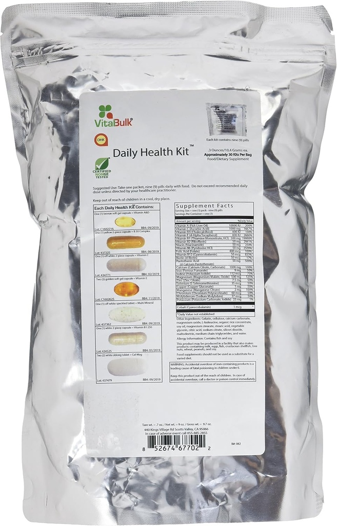 Vital Bulk Daily Health Kit Packet Multivitamines & Mineral 30 Count Box - Multivitamine pour les hommes et les femmes - Contient Vitamine C 1000mg A D E K B Complexe B12 Iron Calcium Magnésium & Potassium Supplément