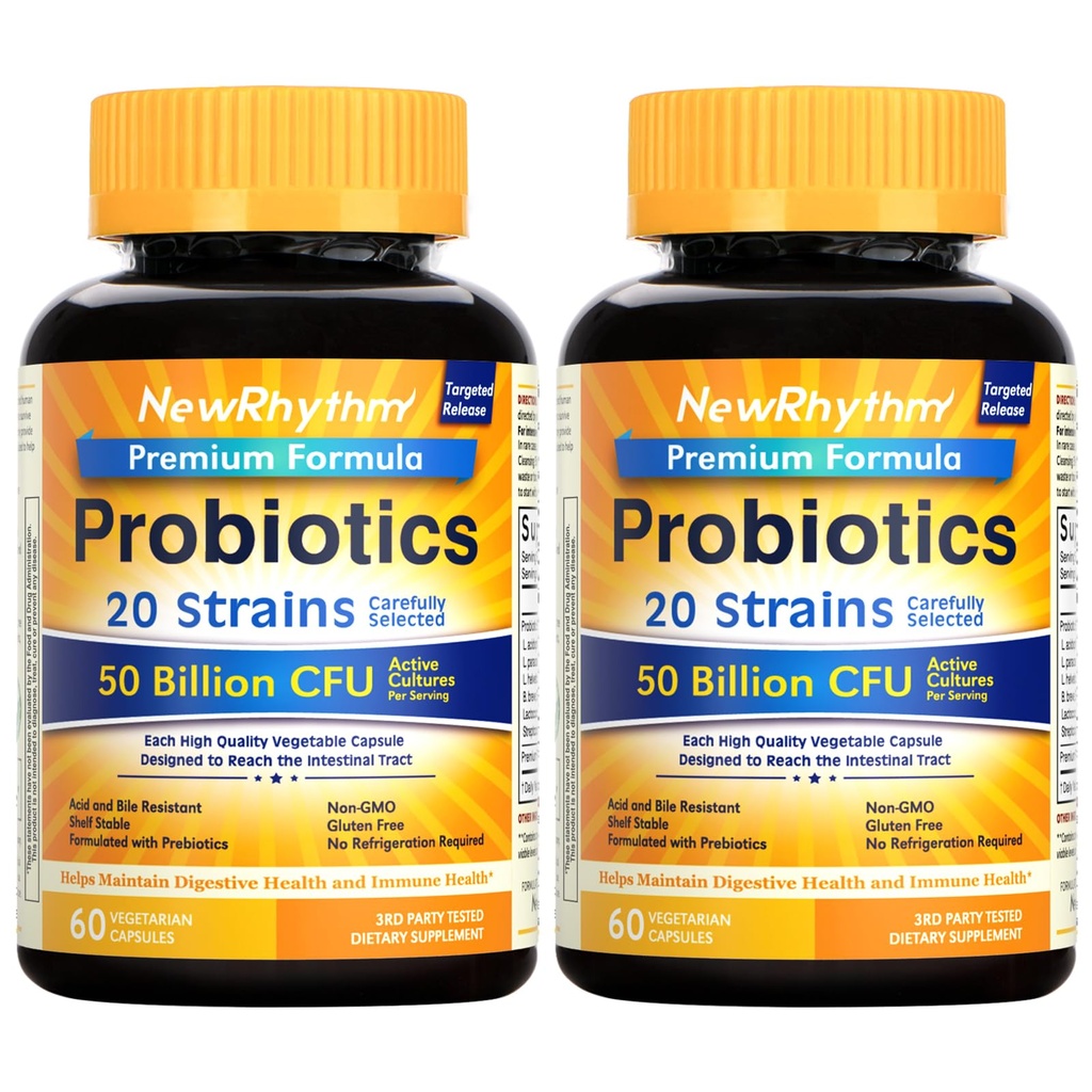 Probiotici NewRhythm 50 miliardi di CFU 20 Strains, 120 capsule veggie, tecnologia di rilascio mirata, acido stomach resistente, non c'è bisogno di refrigerazione, non OGM, senza glutine