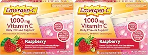 Emergen-C (30 Zähler, Himbeer Geschmack, 1 Monat Nahrungsergänzungsmittel Fizzy Getränk Mix mit 1000mg Vitamin C, 0.32 Unze Packets, Koffeinfrei (Pack von 2)