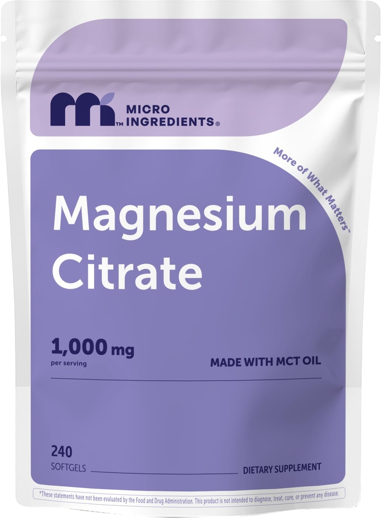 Micro Ingredients Magnesium Citrate 1,000 mg Per Serving, 240 Softgels | Magnesium Supplements for Men and Women | Made with MCT Oil | Non-GMO, Gluten Free