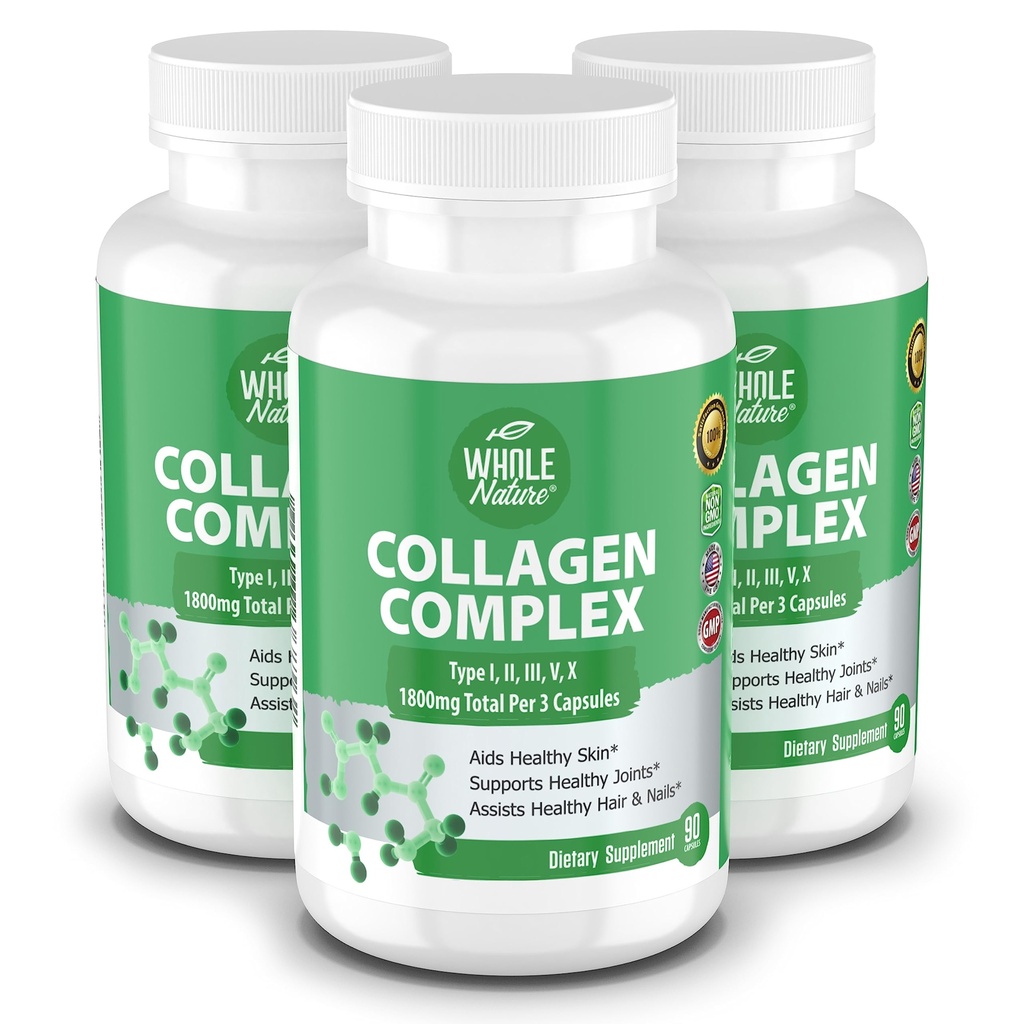 Multi Collagen Protein Peptide Supplement Kapseln - 1800mg Collagen Complex Types I, II, III, V, X - Joint Support, Gesundes Haar, Haut, Nägel, Beauty Vitamine, 100% natürlich, Non-GMO 270ct (3)