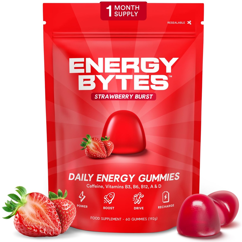 Energy Bytes Daily Energy Gummies – Fast Acting Energy Chews with Caffeine & Vitamins B3 B6 B12 A & D – Stay Focused and Energised Through Your Day – 60 Bytes