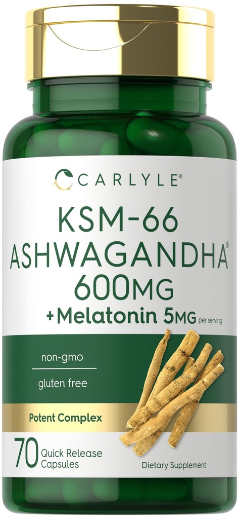 Carlyle KSM-66 Ashwagandha Capsule 600mg | 70 Count | con Melatonin 5mg | Potent Complex | Non OGM, Gluten Free