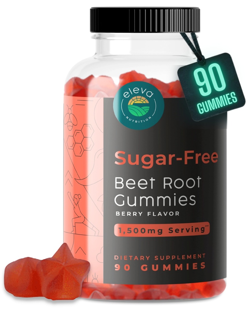 Zucchero senza barbabietola Gummies- Vitamina C & B9- Memoria & Focus Chews- Ossido nitrico -Energy Beet Supplement- 90 Organic Beetroot Chews for Men & Women