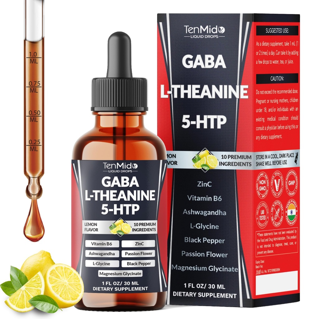 10in1 GABA L-Theanine Supplement Liquid Drops with 5-HTP, Ashwagandha, Magnesium Glycinate, Passion Flower, L-Glycine, Black Pepper and More - 30ml 1 Fl Oz