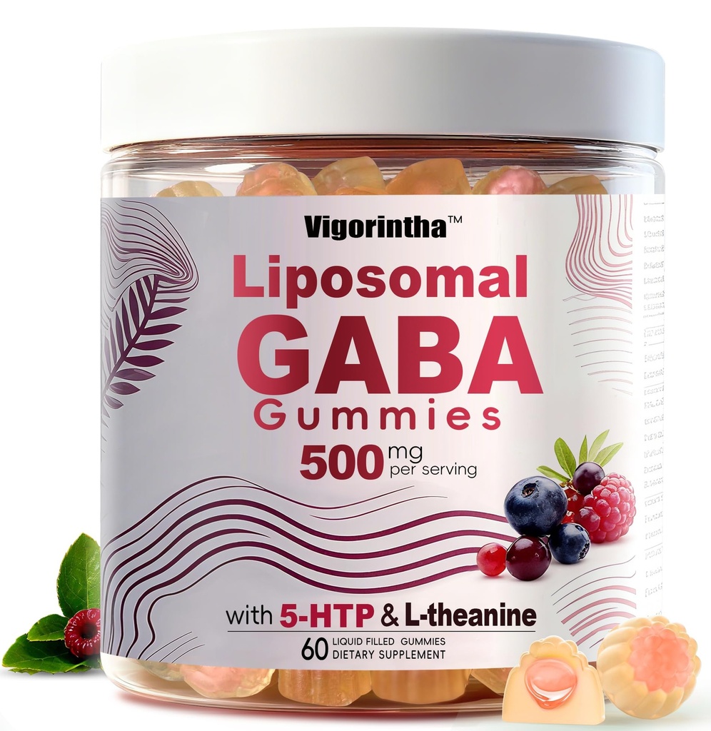 GABA Gummies with L-Theanine & 5-HTP, Melatonin Free Gummies, Liquid Filled Gummy Supplement for Daily Wellness and Balance, Easy-to-Take Format, 60 Count