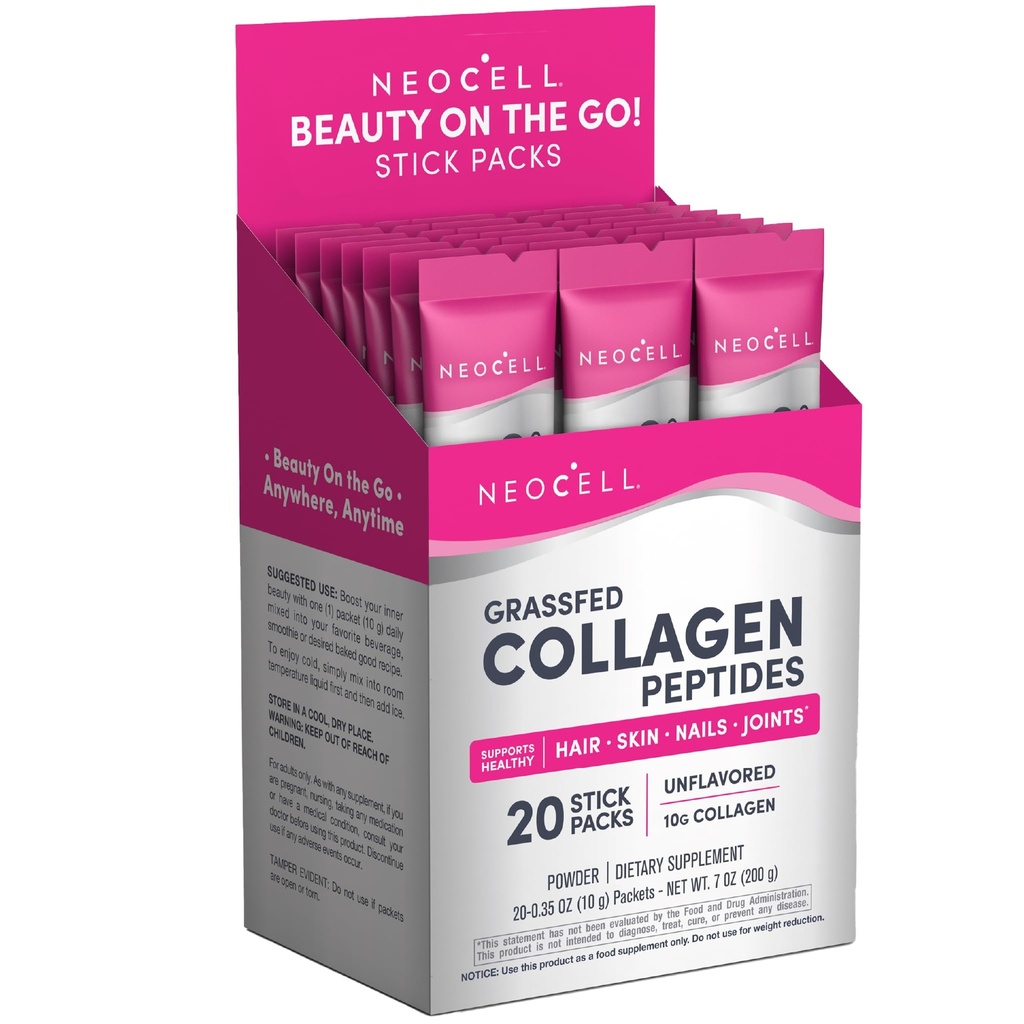 NeoCell Super Collagen Peptides, 10 g Collagen/Single-Serve Packet; Keto certifié, sans gluten; pour une peau, des cheveux, des ongles et un soutien articulaire sains;* Poudre non aromatisée, 20 portions, 7 oz.