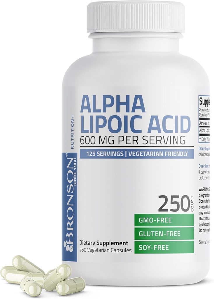 Bronson Alpha acide lipoïque 600mg libre Radical Scavenger soutient la santé - non-OGM, 250 capsules végétariennes (125 portions)