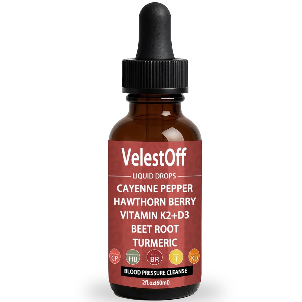 Velestoff Cayenne Pepper & Cayenne Pepper Drops Liquid Supplement with Hawthorn, Beet Root, Turmeric, Vitamin K2 D3