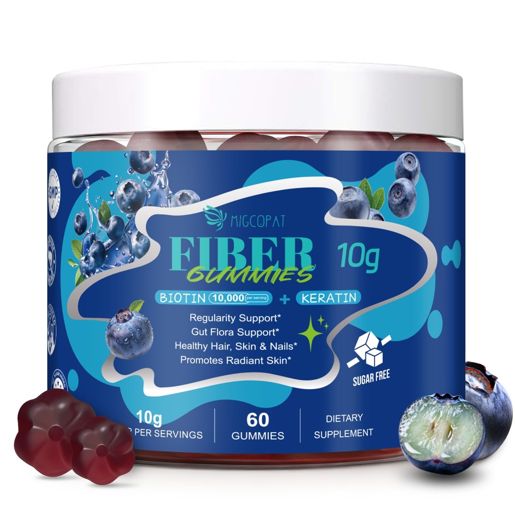 Migcopat 10G Fiber Gummies with Biotin, Collagen Peptides, Keratin, Vitamin C, E - Fiber Supplements with 30 Billion CFU Probiotics, Inulin, ACV for Digestive Health & Skin, Hair & Nails, 60 Cts