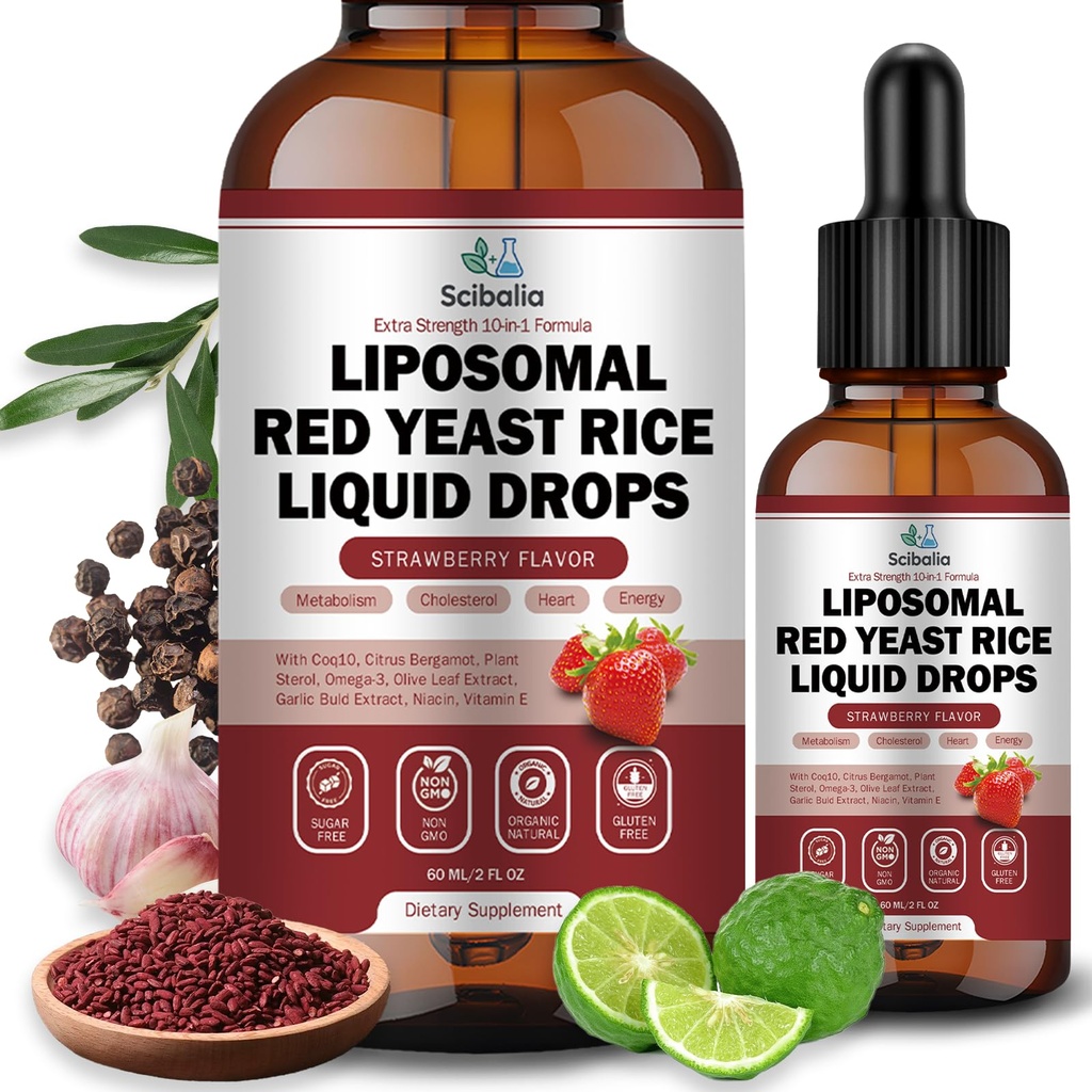 Liposomal Red Yeast Rice Liquid Drop 1200mg 10-in-1 Organic Red Rice Yeast with CoQ10 Citrus Bergamot Plant Sterols Garlic, Extra Strength Cholesterol Lowering Supplements for Women Men