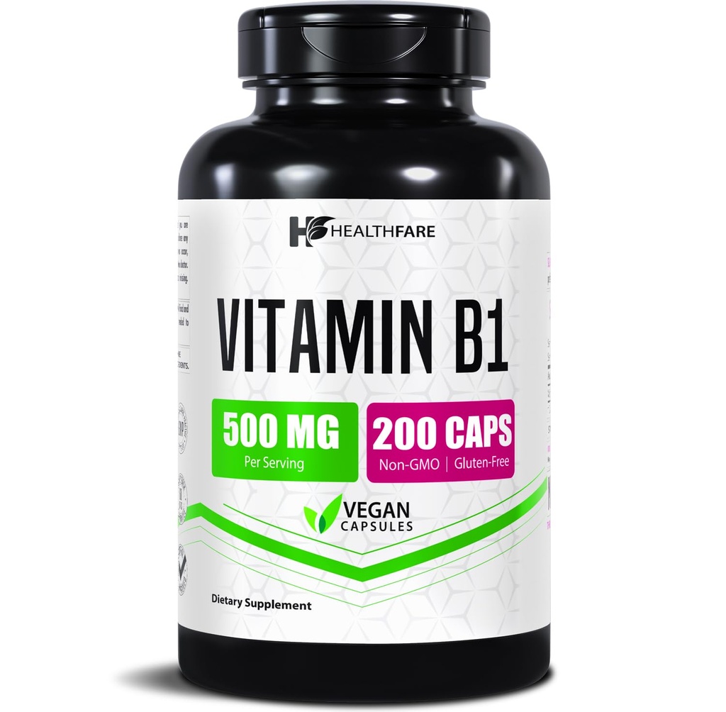 Healthfare Vitamin B1 (Thiamine) 500mg | 200 Vegan Kapseln | Extra Strength High Potency Supplement | Unterstützt Energie & Nervous System | Non-GMO, Gluten-Free | Made in USA