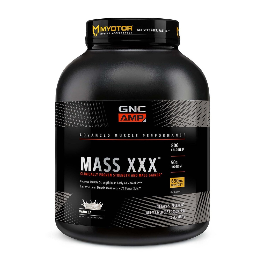 GNC AMP Mass XXX, Clinically Proven Weight Gainer Protein Powder, Improves Strength and Size, 780 Calories, 50g Protein, Micronized Amino Acids, Creatine, Betaine, Vanilla, 13 Servings, 6 Pounds