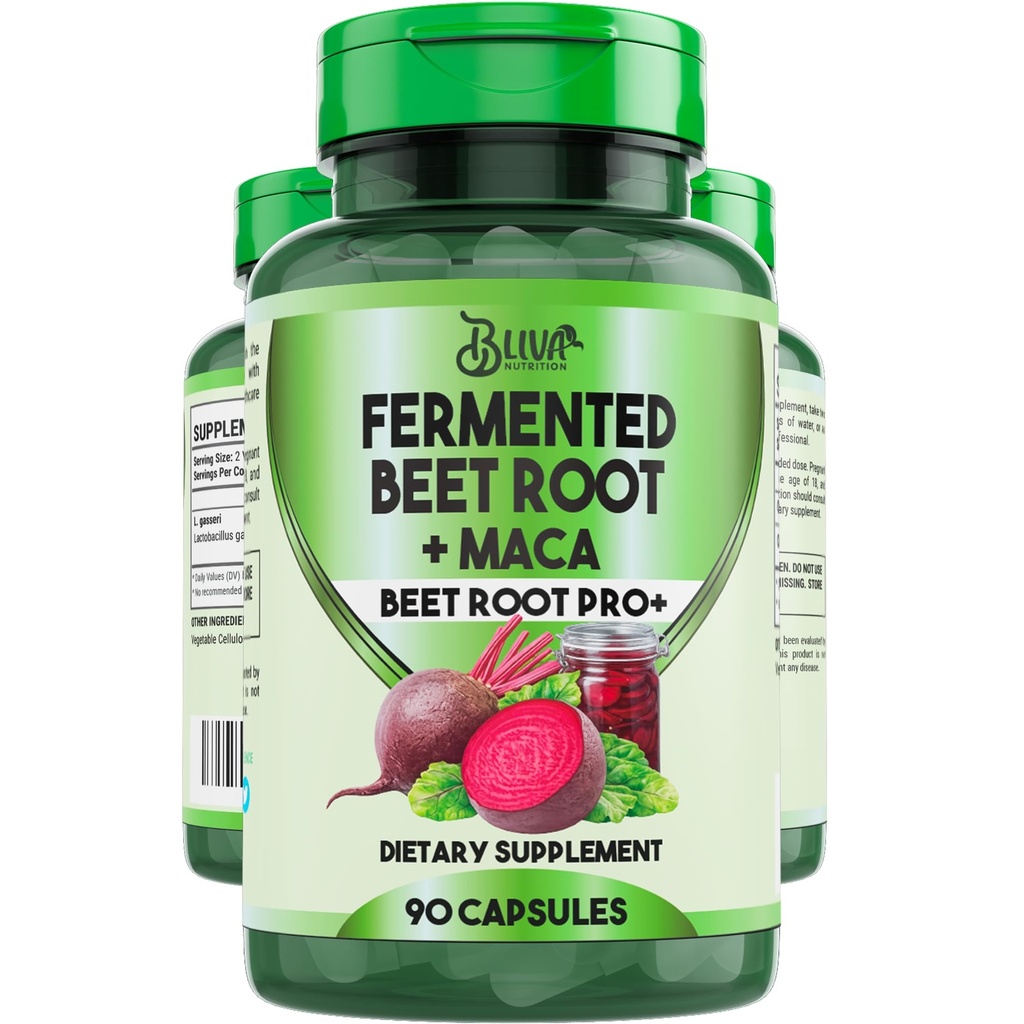 BLIVA Organic Fermented Beet Root with Maca Capsules - 1200mg - Beetroot Hight Potency Extract Powder Pills - Beets Supplements and Maca - Healthy Energy & Circulation Support Supplement - 90 Capsules