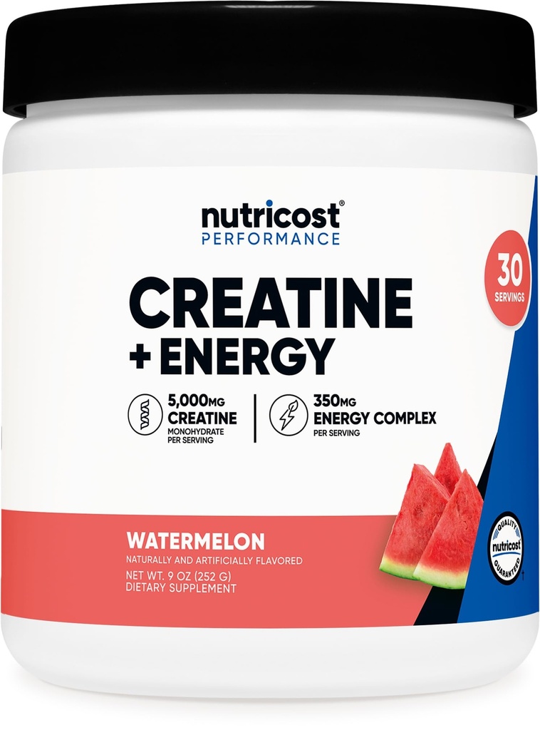 Nutricost Creatine + Energy 30 Servings (Watermelon Flavored) - 5,000mg Creatine Monohydrate + 350mg Energy Complex Per Serving