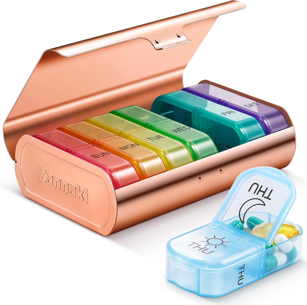 Zannaki Metall XL Wöchentliche Pille Organizer 2 Mal pro Tag, große Reise täglich Pille Box 7 Tage, Portable Woche zweimal Pillenhalter Container, AM PM Pille Fall für Medizin Vitamin-Ergänzung, Gold