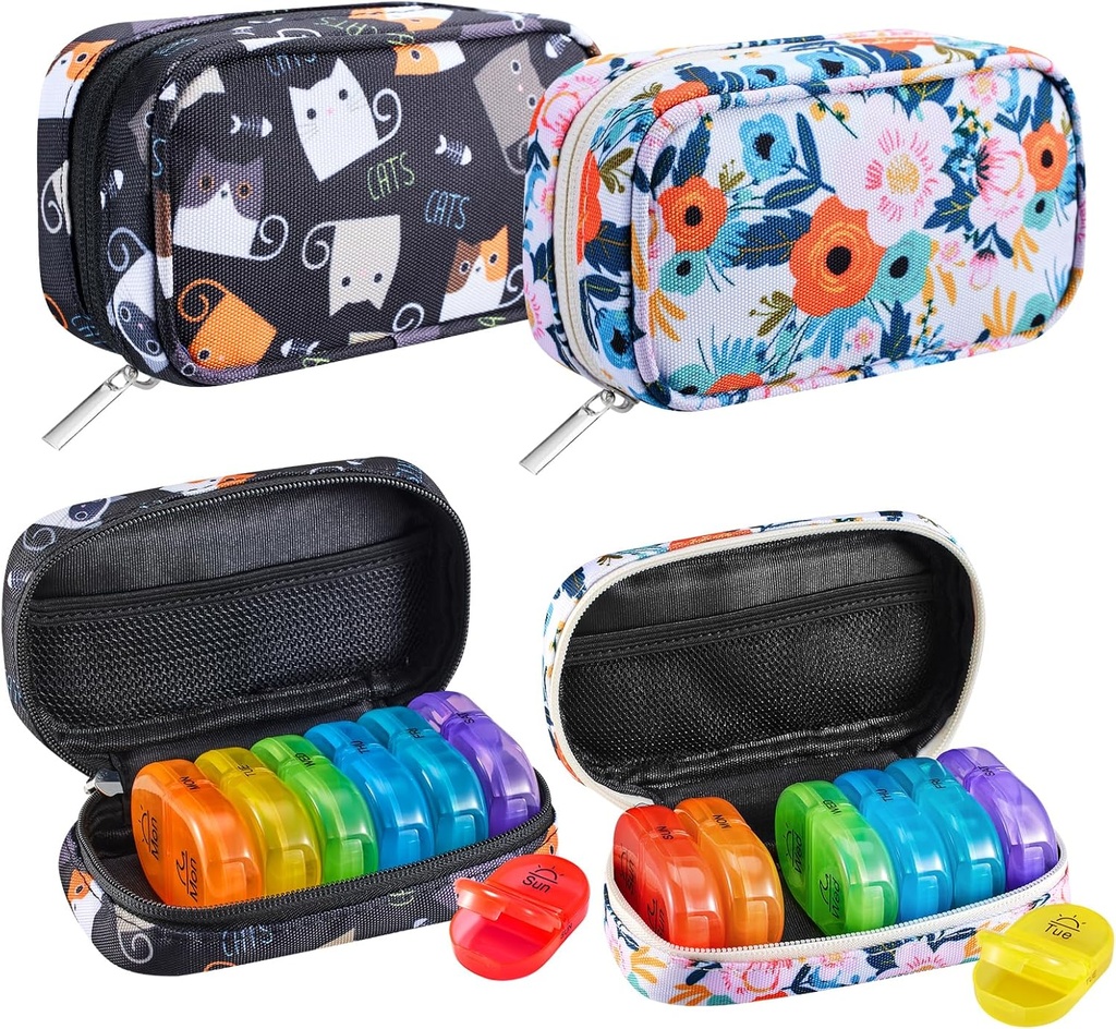 Serfeymi Weekly Pill Organizer 2 fois par jour AM PM Rainbow Pill Box 7 Day with Zipper Canvas Pill Case, Organisateur de médecine pour les pilules, les vitamines, les huiles de poisson - Noir 02 + Bloom 01