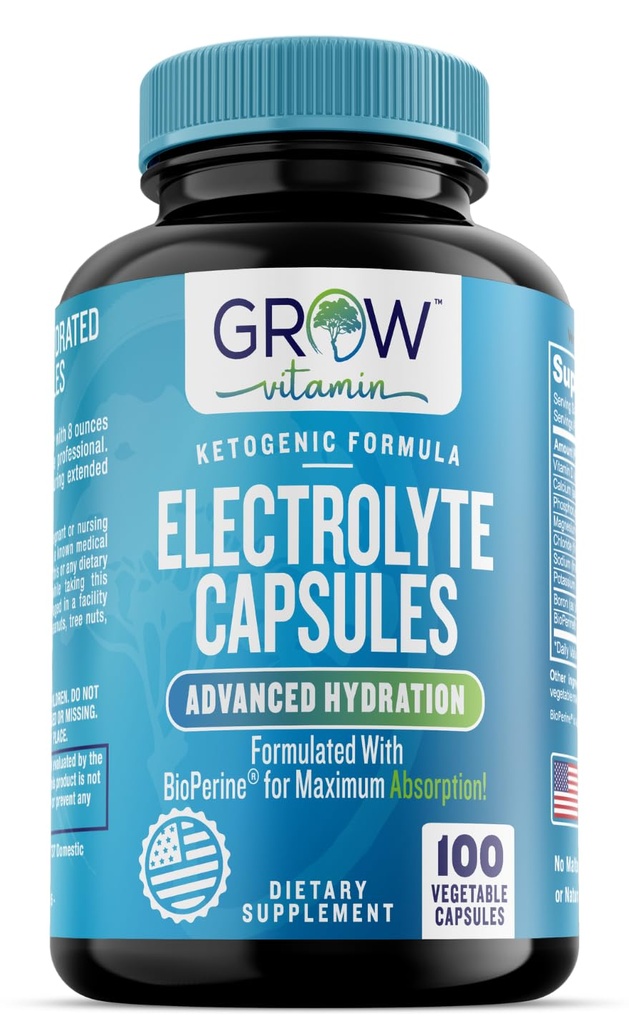 grow vitamin Electrolyte Capsules – Sugar-Free Electrolyte Tablets for Energy, Endurance & Hydration. Keto-Friendly Salt Pills, No Maltodextrin. Perfect for Fitness & Daily Hydration – 100 Caps