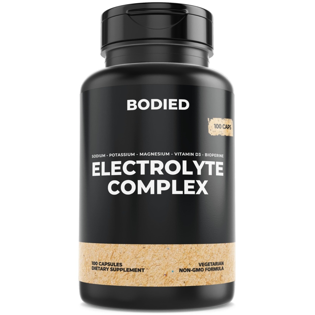BODIED Electrolyte Complex Capsules. Hydration Multiplier. 100 Servings of Premium Electrolyte. Potassium. Magnesium. Calcium. Sodium. Clean Energy. Fasting, Keto & Vegan Friendly.