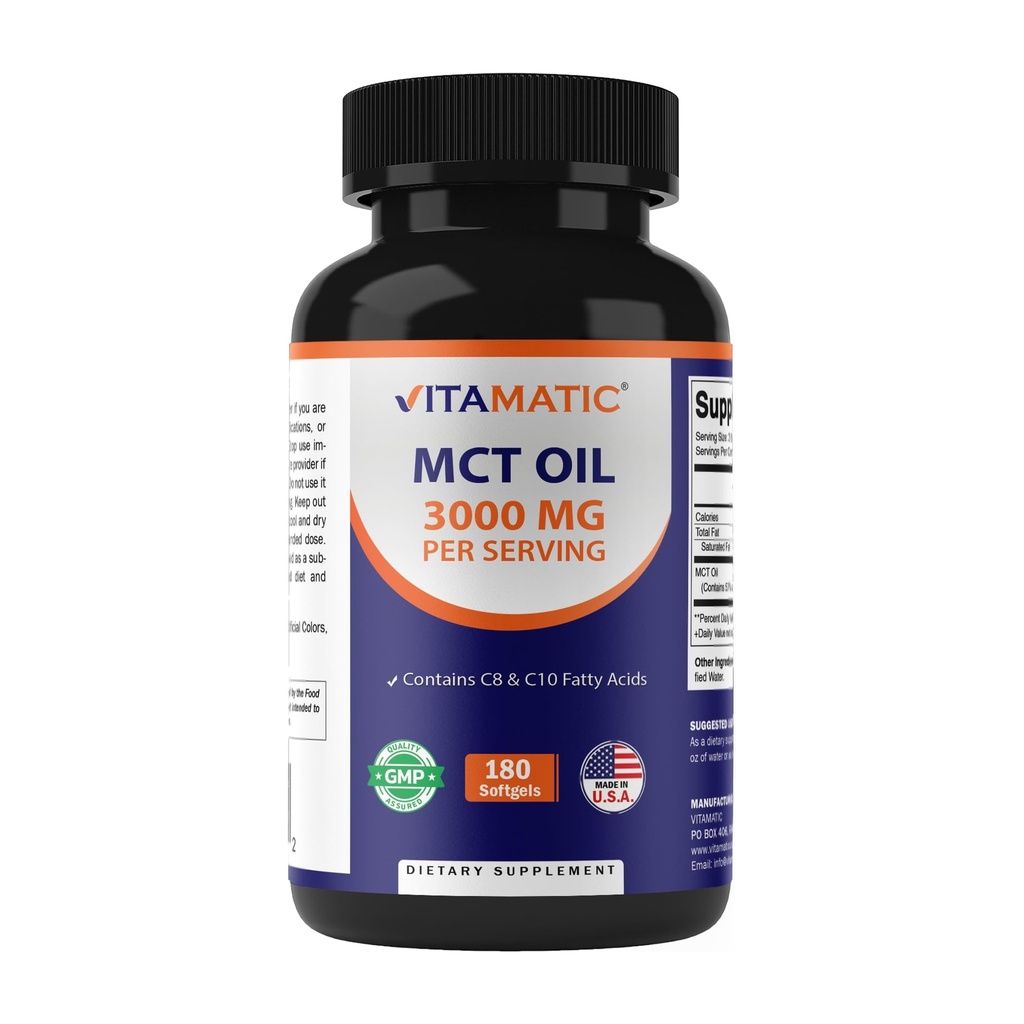Vitamatic MCT Öl 3000 mg pro Portion - 180 Softgele - aus Kokosöl - Enthält 55% Caprylsäure C8 und 40% Caprinsäure C10