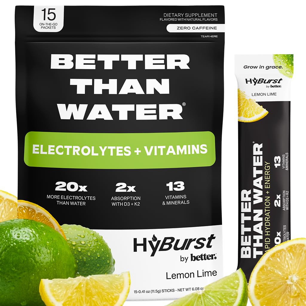 Better Than Electrolyte & Vitamin Supplement Powder, Drink Mix with B12, L-Theanine, D3, K2, Zinc, Magnesium, Potassium, Supports Calm Focus & Energy, Lemon Lime, 15 Pack