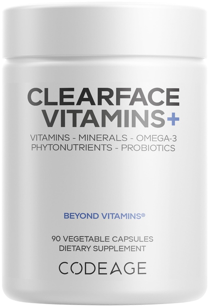 Acido pantotenico in Codeage Clearface, Integratore di niacina, Vitamine A, C, D3, E, Probiotici, Zinco, Riboflavina, Thiamin, L-Lysine HCL & Omega-3, Niacinamide, Miscela botanica della pelle - Non OGM - 90 capsule