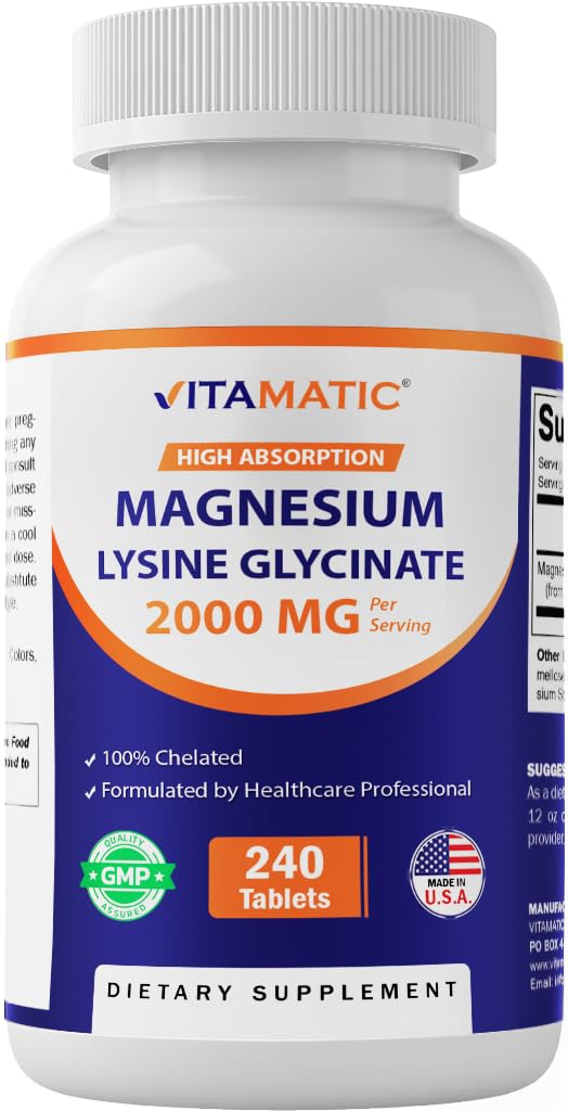 Vitamatic Magnesium as Glycinate Lysinate – 240 Tablets – 100% Chelated Magnesium - Supports Muscle Relaxation, Heart, Nerve Health* – Non-GMO, Gluten & Soy Free